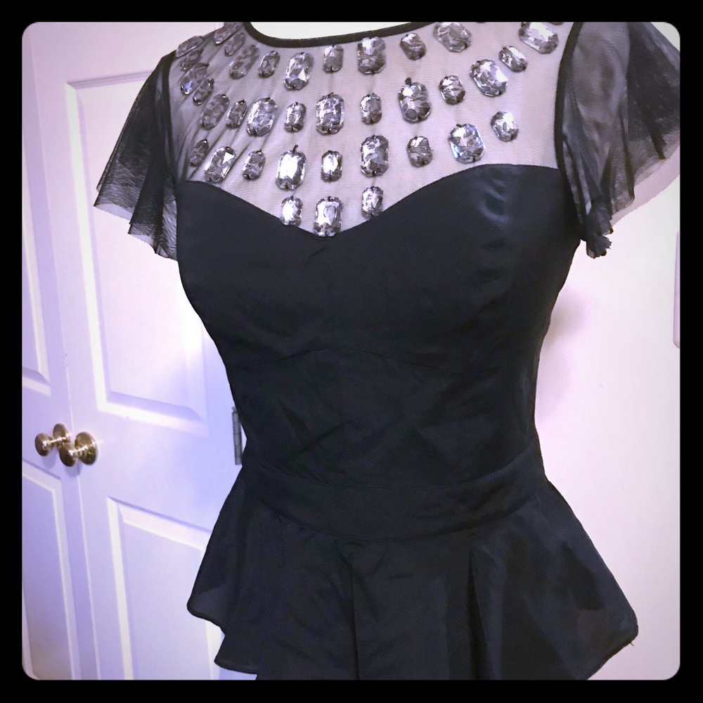 New Bebe black stones peplum top stretch zipper XS 0